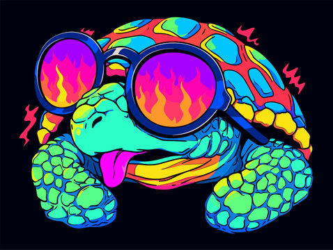 a turtle creature with hip sunglasses and an eccentric shell pattern