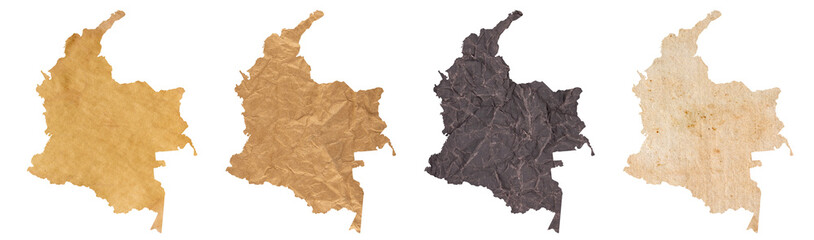 set of maps of Colombia on old dark and brown crumpled grunge papers
