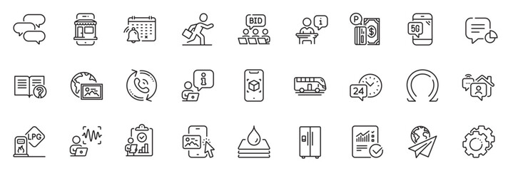 Icons pack as Call center, Talk bubble and Marketplace line icons for app include Refrigerator, Settings gears, Phone image outline thin icon web set. Web photo, Parking payment. Vector
