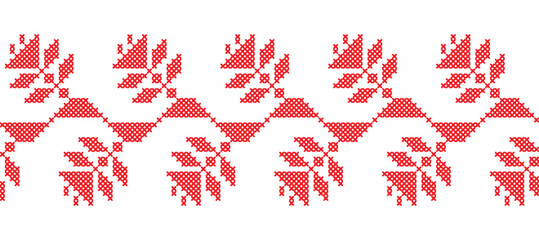 Ukrainian hop wavy vector ornament, seamless border. Ukrainian folk, ethnic geometric embroidery. Ornament in red color. Pixel art, vyshyvanka, cross stitch