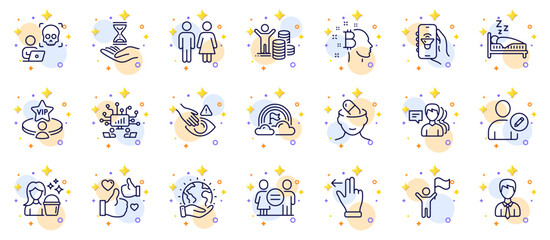 Outline set of Dont touch, Save planet and Cyber attack line icons for web app. Include Music app, Cleaning, Time hourglass pictogram icons. Sleep, Like, Budget profit signs. Leadership. Vector