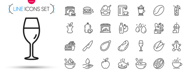 Pack of Coffee beans, Apple and Water glass line icons. Include Coffee machine, Water care, Mint bag pictogram icons. Ice cream, Food market, Pumpkin seed signs. Brazil nut, Salad. Vector