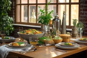 Fototapeta na wymiar Table in a restaurant with serving. Generative AI.