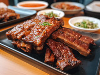 A platter of spicy and aromatic Korean BBQ short ribs, known as Galbi, with a side of kimchi.