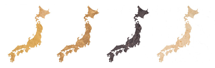 set of maps of Japan on old dark and brown crumpled grunge papers
