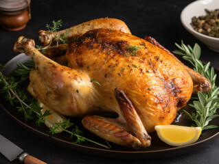 A platter of succulent roasted chicken with crispy golden skin and herb garnish.