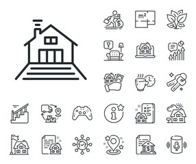 Fototapeta premium House architecture sign. Floor plan, stairs and lounge room outline icons. Terrace line icon. Flat roof symbol. Terrace line sign. House mortgage, sell building icon. Real estate. Vector