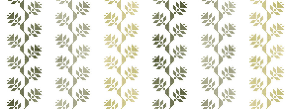 Hop cones green floral wavy vector pattern in stripes. Ukrainian folk ethnic leaves decor. Urban style pixel art vector decor. Fashion wavy floral print in green colors