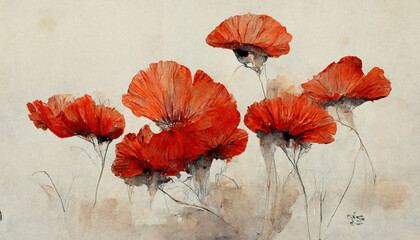 Watercolor illustration of fully red poppies on white background. Generative AI