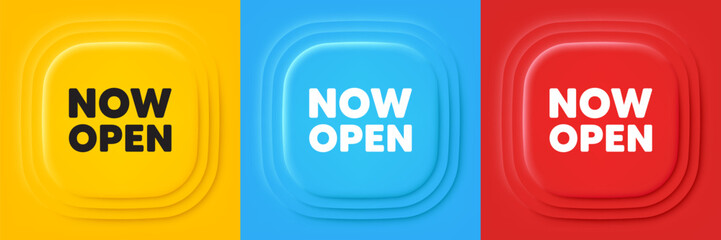 Fototapeta premium Now open tag. Neumorphic offer banners. Promotion new business sign. Welcome advertising symbol. Now open podium background. Product infographics. Vector