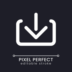 Download pixel perfect white linear ui icon for dark theme. Down arrow. Copy into computer. Vector line pictogram. Isolated user interface symbol for night mode. Editable stroke. Poppins font used
