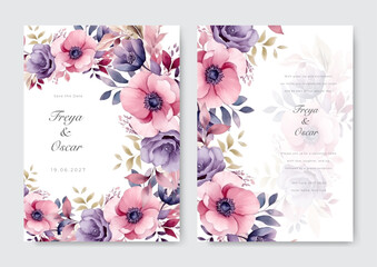 Purple pink rose flower flora beautiful and elegant floral wedding invitation card template