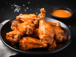 A tray of delicious buffalo chicken wings, crispy and coated in spicy sauce.