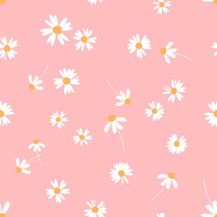Seamless pattern with daisy flower on pink background vector illustration. Cute floral print.