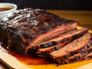 A tray of smoky and tender beef brisket, slow-cooked to perfection and served with barbecue sauce.