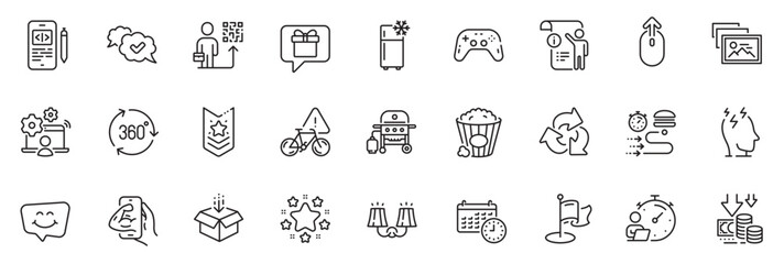 Icons pack as Sconce light, Smile chat and Gas grill line icons for app include Fitness, Online job, Food delivery outline thin icon web set. Stars, Photo album, Timer pictogram. Get box. Vector