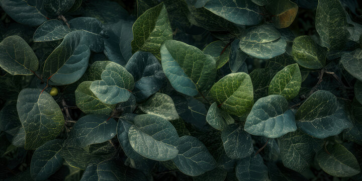Dark green leaves pattern background. Closeup of leaf. Macro Shoot. Nature forest background. Foliage wallpaper. Generative ai