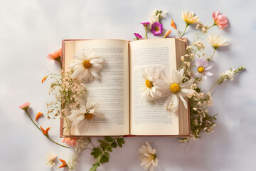 Creative composition with flowers and open old book.