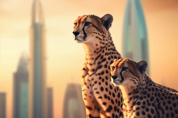 Two cheetahs on the background of urban skyscrapers, generative ai