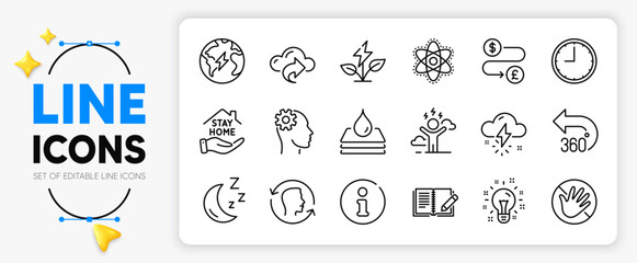 Engineering, Thunderstorm weather and Moon line icons set for app include Eco power, Feedback, Waterproof outline thin icon. Info, Cloud share, Chemistry atom pictogram icon. Idea, Face idTime. Vector