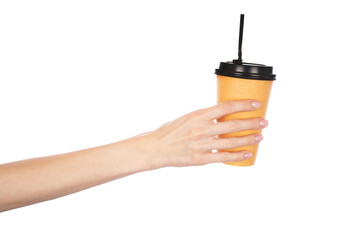  Paper cup of hot coffee with white background. Female hand