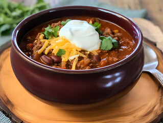 An image of a hearty beef chili, simmering in a thick and flavorful sauce, topped with cheese and sour cream. 