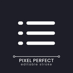 Checklist pixel perfect white linear ui icon for dark theme. Media playlist. App navigation. Vector line pictogram. Isolated user interface symbol for night mode. Editable stroke. Poppins font used