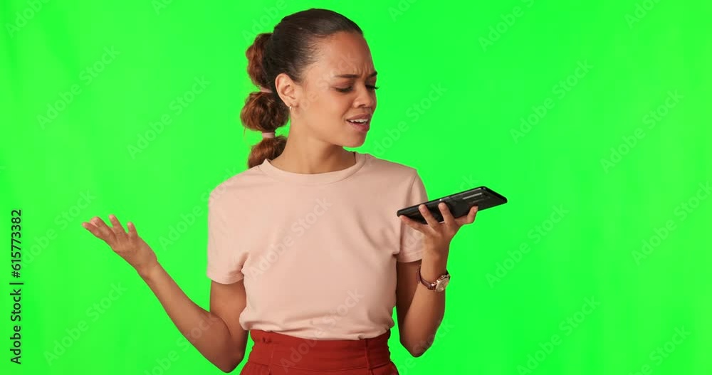 Aufkleber Woman on green screen, smartphone and app error with glitch in technology and confused on studio background. Female person using phone, chat and typing with system fail, internet 404 and mockup space