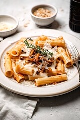 Rigatoni with white cream sauce, pasta with meat on a white plate.