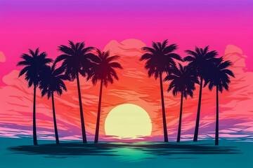 Colorful artwork with sun and palm trees over water, generative ai