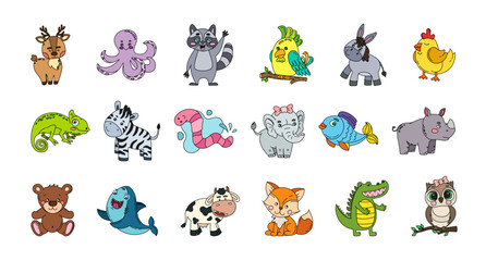 Fototapeta premium Animals Cute Doodle Set Vector Color Illustration Isolated on White Background