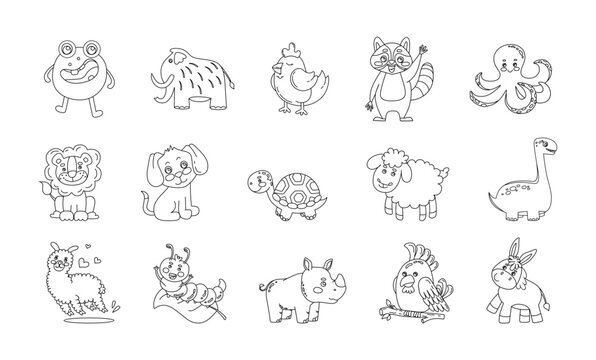 Animals Cute Funny Set of Drawings Vector black and white illustration Isolated on a white background