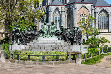 Statue outside of Saint Bavos Cathedral in Ghent (Gent) in Belgium in Europe