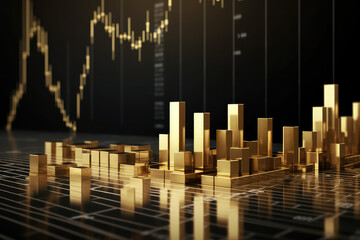 Gold bullion and currency growth candlestick chart isolated on black background. Creative idea crypto trading, stock trading, investments and stocks. Generative AI 3d render illustration imitation.