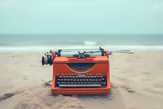 Vintage typewriter on the beach with ocean waves.