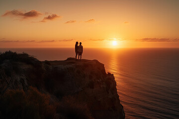 two people standing on the edge of a cliff looking out at the sun setting in the sky over the ocean - Powered by Adobe