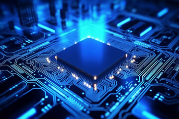 Modern processor in a blue chip board, generative ai - obrazy, fototapety, plakaty