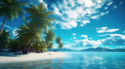 Sunny exotic beach by the ocean with palm trees