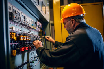 Worker operating a control panel in a factory control room, factory, worker, natural light, affinity, bright background, Labor Day, Generative AI