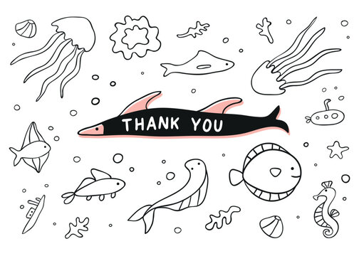 Text Thank You on fish flat concept vector illustration