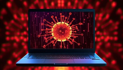 Notebook or laptop screen with coronavirus virus on red background. Generative AI