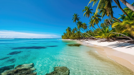 Sunny exotic beach by the ocean with palm trees