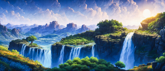 Serene Nightfall: Moonlit Waterfall Amidst Enchanting Scenery. Generative AI.