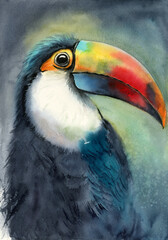 Watercolor illustration of a beautiful toucan with a colorful red-orange large beak and black feathers on a dark gray background