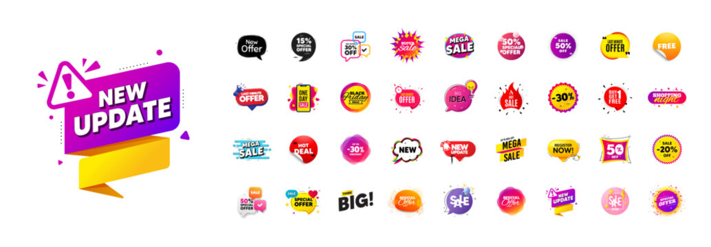 Discount offer banners set. Promo price deal stickers. Special offer sale 3d speech bubble. Promotion flash coupons. Mega discount deal banners. Sale chat speech bubble. Ad promo message. Vector