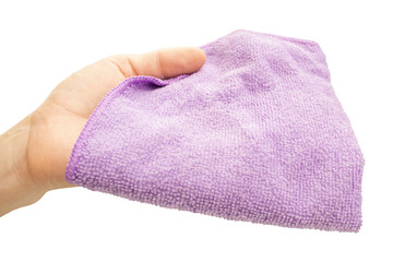 Purple microfiber cloth for dusting in hand isolated on transparent background.