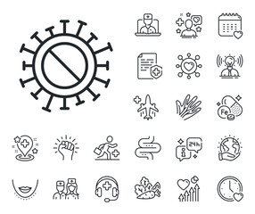 Covid-19 pandemic virus sign. Online doctor, patient and medicine outline icons. Coronavirus no vaccine line icon. Corona virus symbol. Coronavirus line sign. Vector