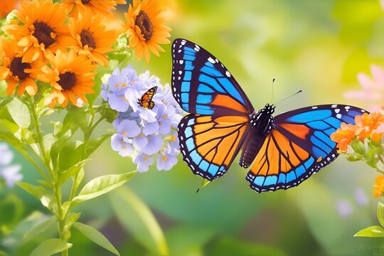 Monarch butterfly on spring flowers. Generative AI.