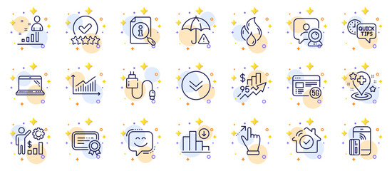 Fototapeta na wymiar Outline set of Touchscreen gesture, Smile face and Rating stars line icons for web app. Include Charging cable, Decreasing graph, Laptop pictogram icons. Rise price, Video conference. Vector