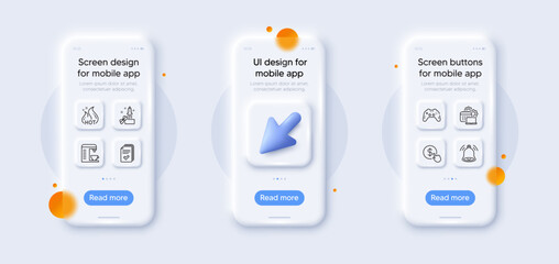 Bell alert, Hot sale and Buy currency line icons pack. 3d phone mockups with cursor. Glass smartphone screen. Innovation, Handout, Coffee machine web icon. Gamepad, Software pictogram. Vector